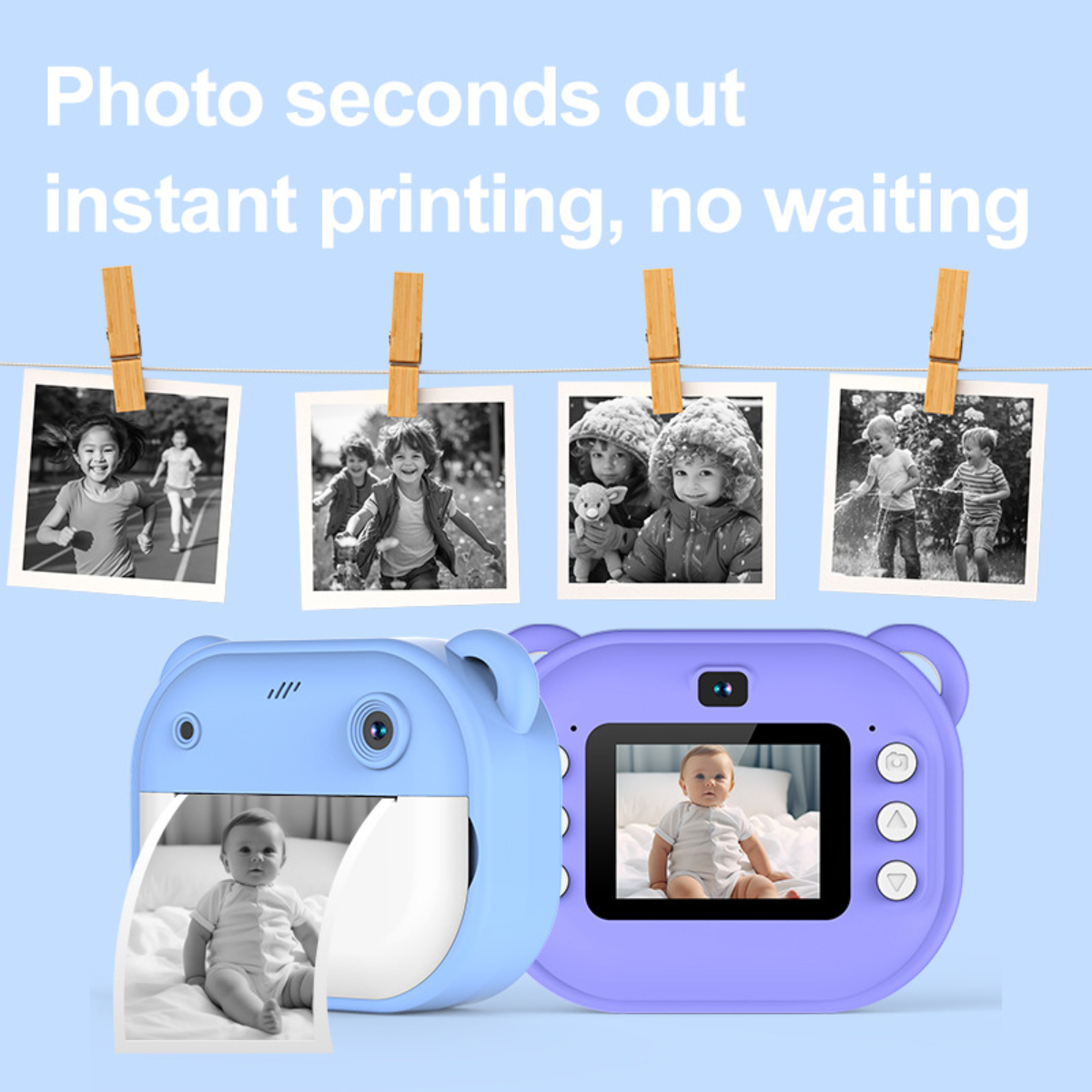 Blaue und lila bärenförmige Kameras mit Fotos von Kindern, die an einer Schnur befestigt sind.