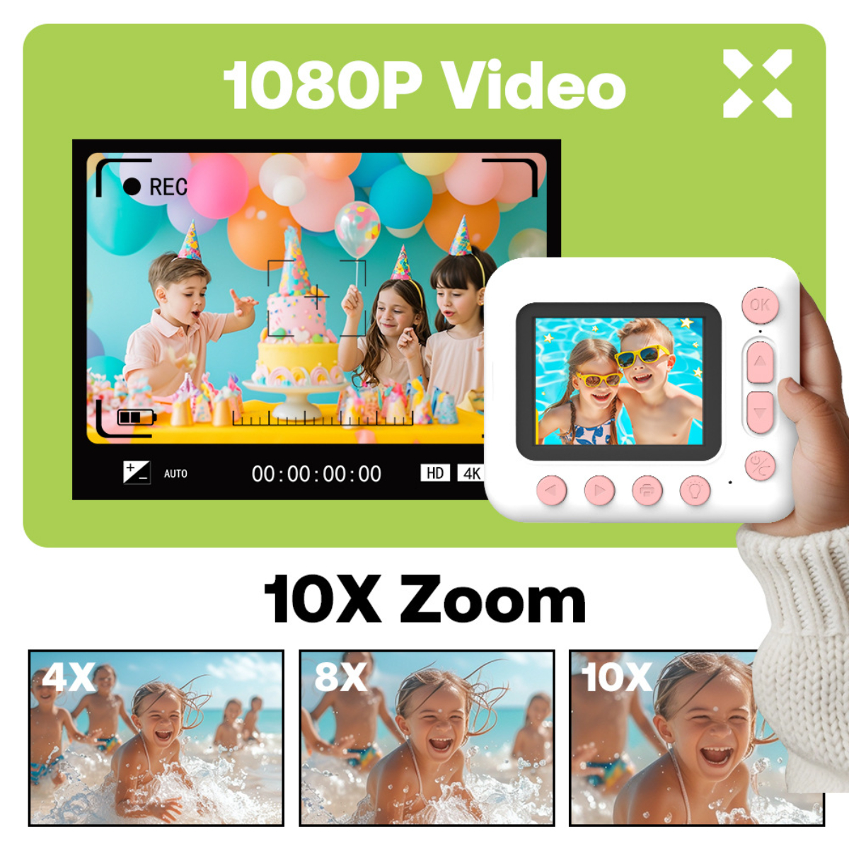 Kinder machen Fotos mit der Kamera. Grüner Hintergrund.
