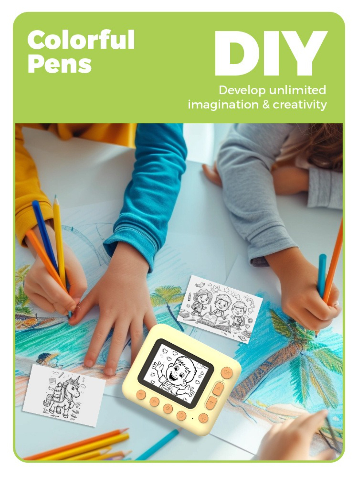 Kinder zeichnen mit bunten Stiften auf Papier. Ein Tablet zeigt eine Zeichnung. Der Hintergrund ist grün mit Text.