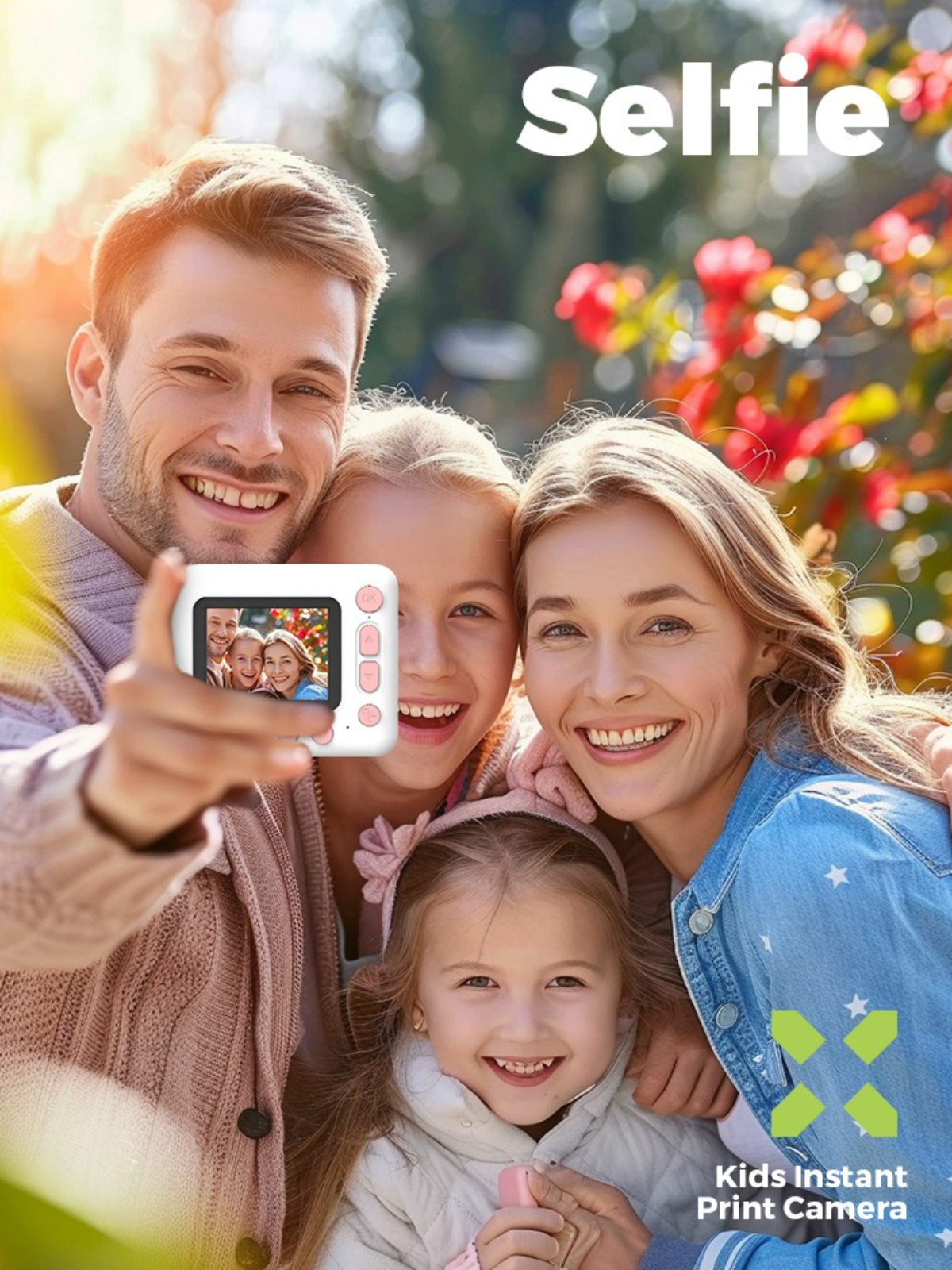 Familie macht Selfie mit einer pink-weißen Sofortbildkamera.