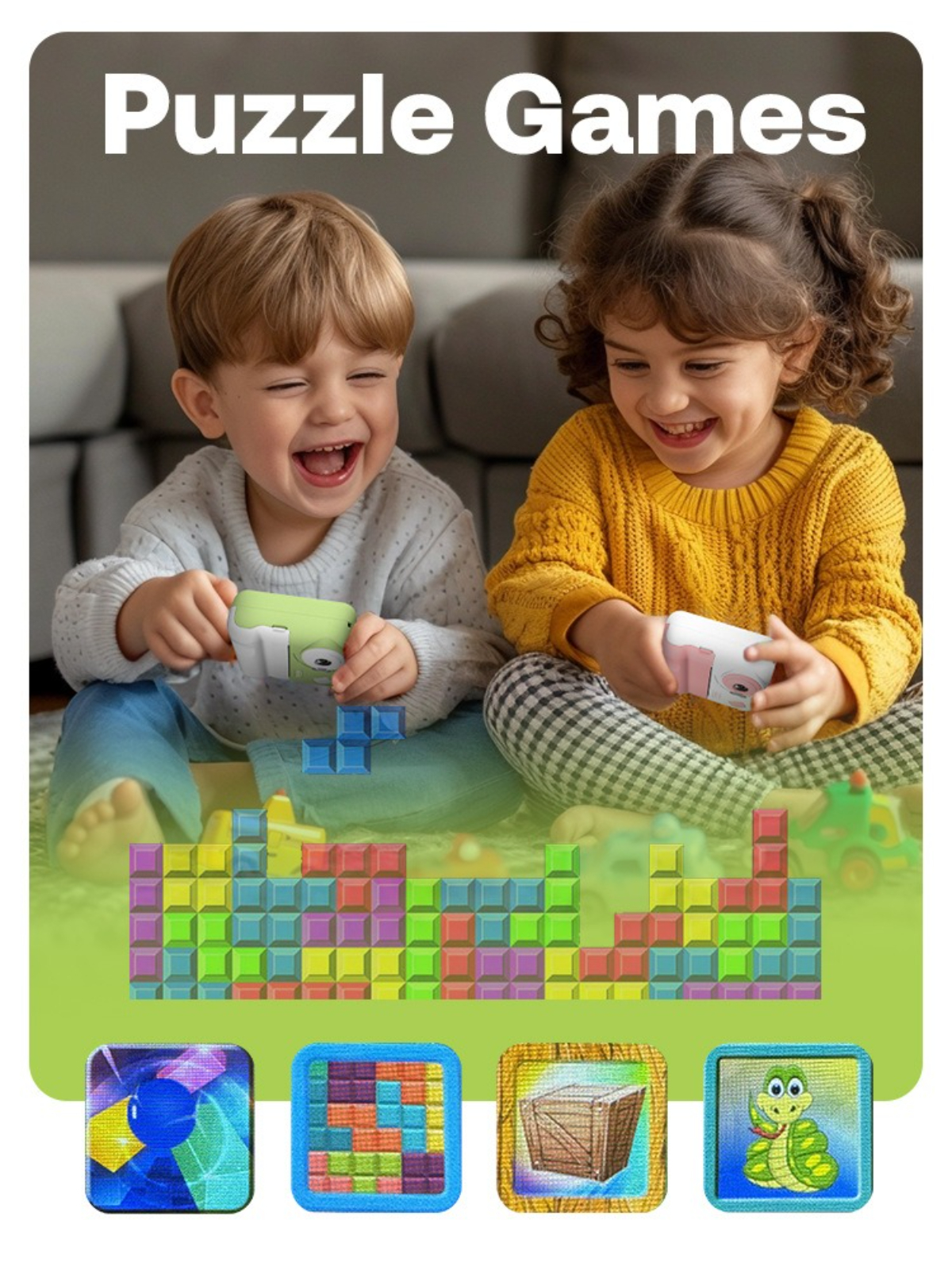 Zwei Kinder spielen mit bunten Puzzlespielen.