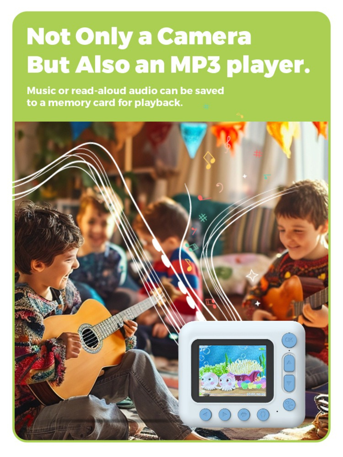 Kinder spielen mit einer Kamera, die auch ein MP3-Player ist, mit Noten drumherum.