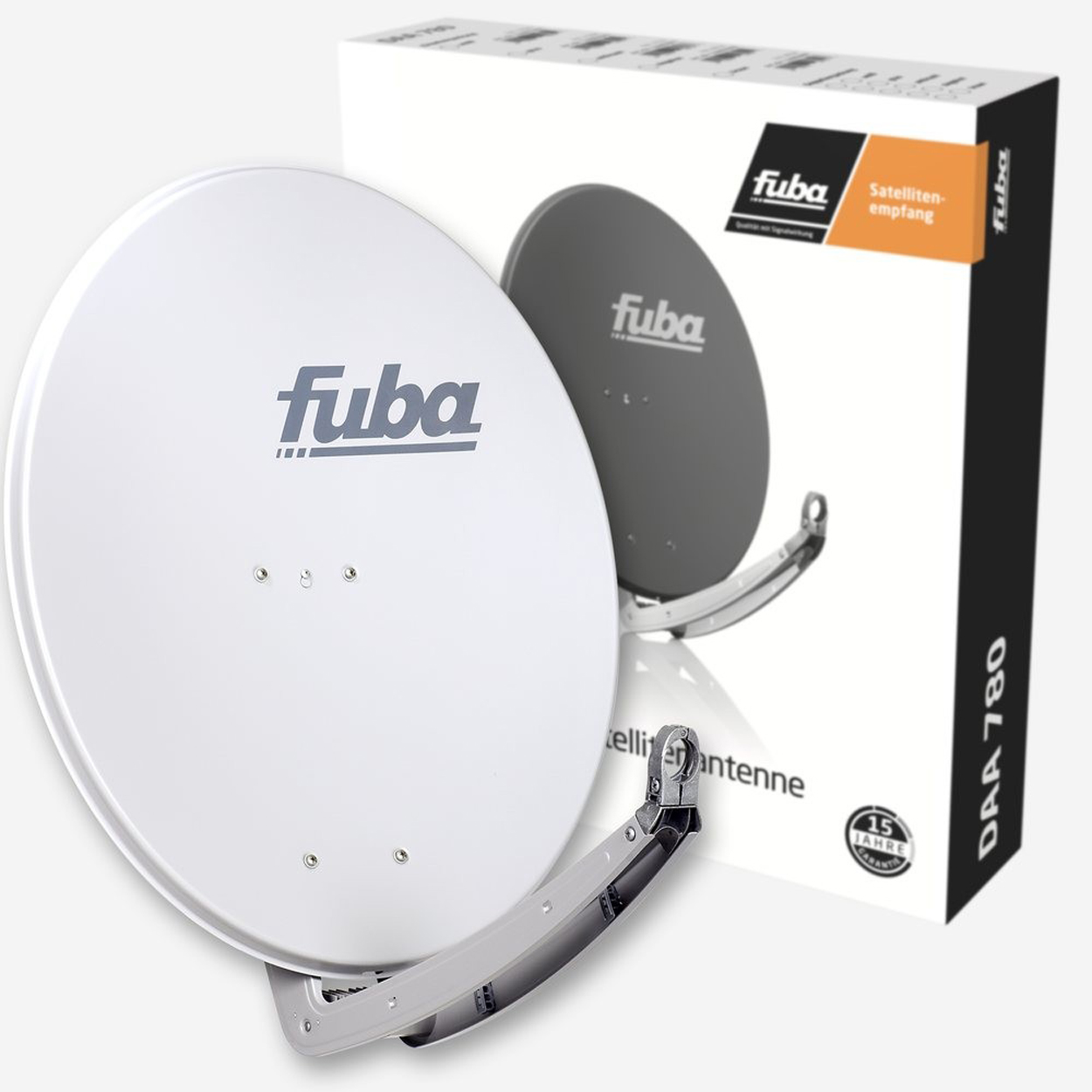 Satellitenschüssel mit ihrer Box, die den Markennamen und einige Funktionen zeigt.
