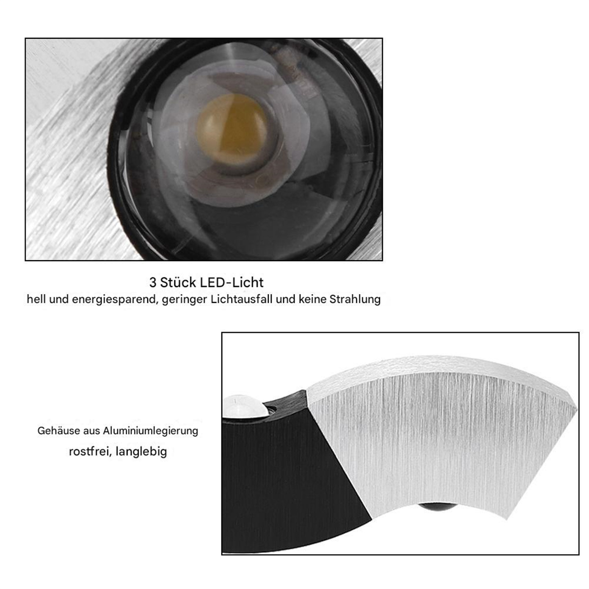 Nahaufnahme von LED-Licht und Aluminiumlegierungsgehäuse, schwarz und silber.