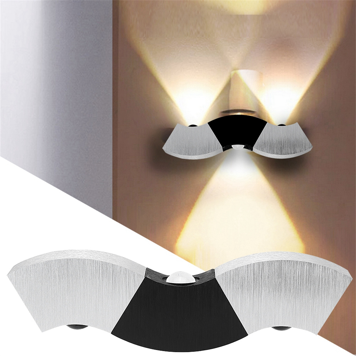 Wandleuchte, silber und schwarz. Es hat zwei Lichtquellen und wirft das Licht nach oben und außen.