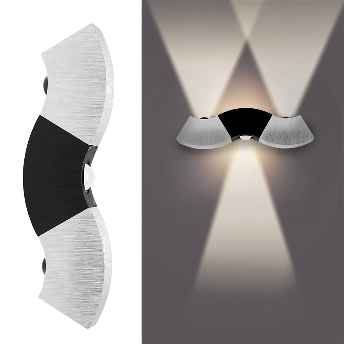 Eine Wandleuchte, silber und schwarz, moderne Leuchte mit abgewinkelten Strahlen.