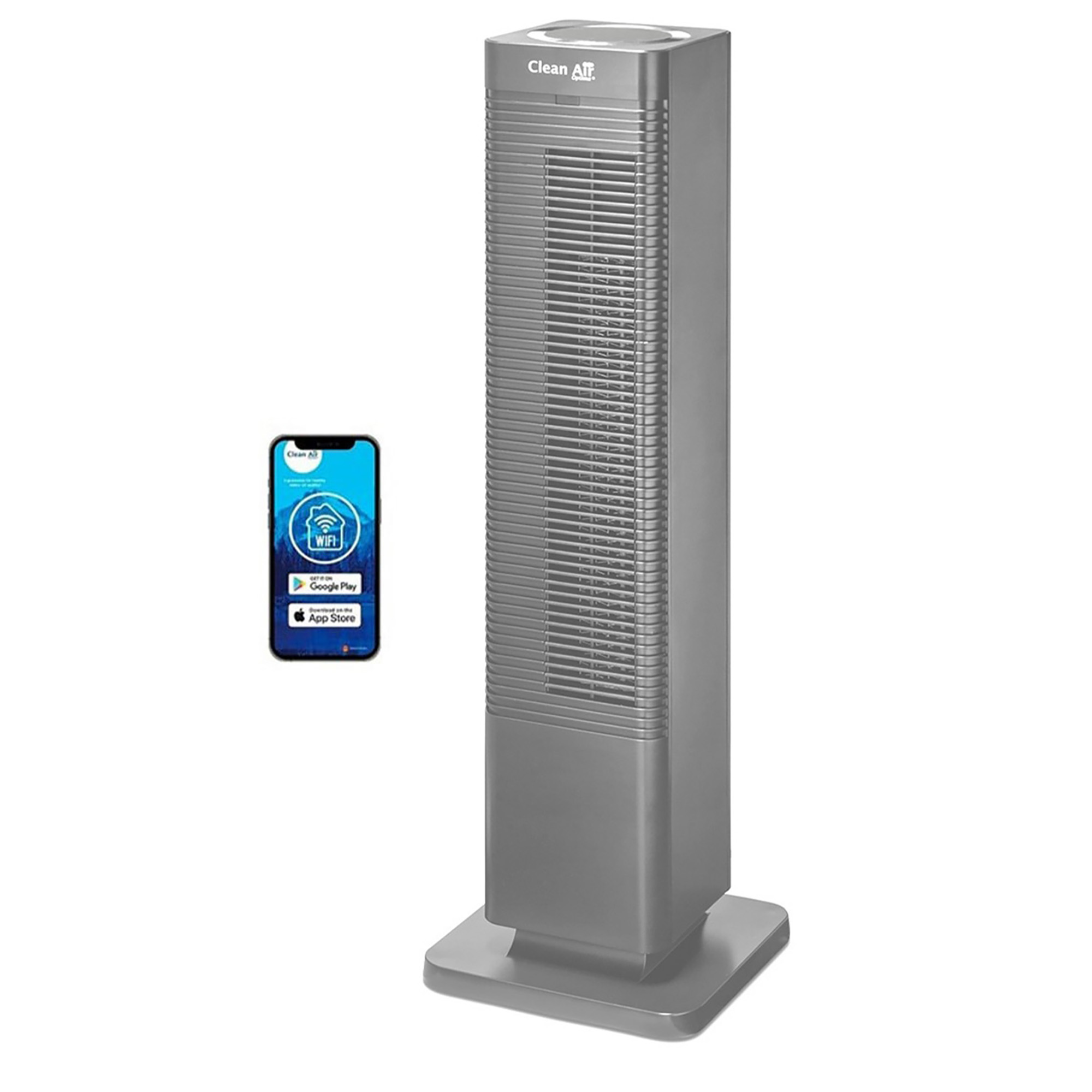 Hoge grijze luchtreiniger met een telefoon waarop een app-scherm wordt weergegeven. De telefoon is wit.