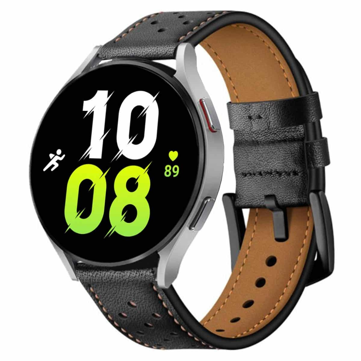 Eine Smartwatch mit schwarzem Lederarmband. Das Zifferblatt zeigt die Uhrzeit und Statistiken an.