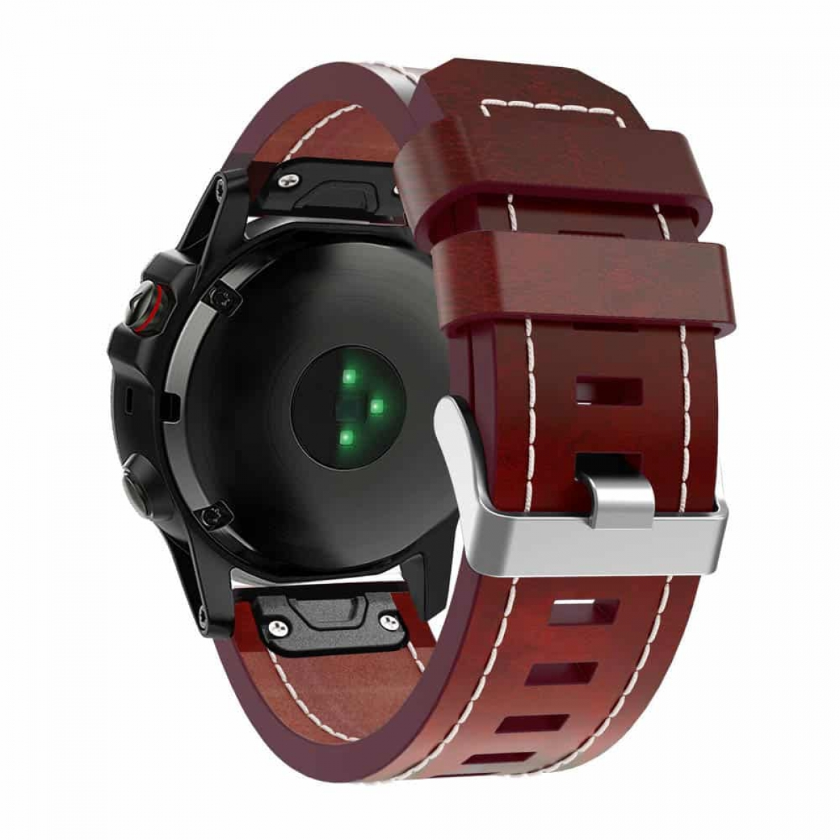 Eine Smartwatch mit braunem Lederarmband und schwarzem Gehäuse.
