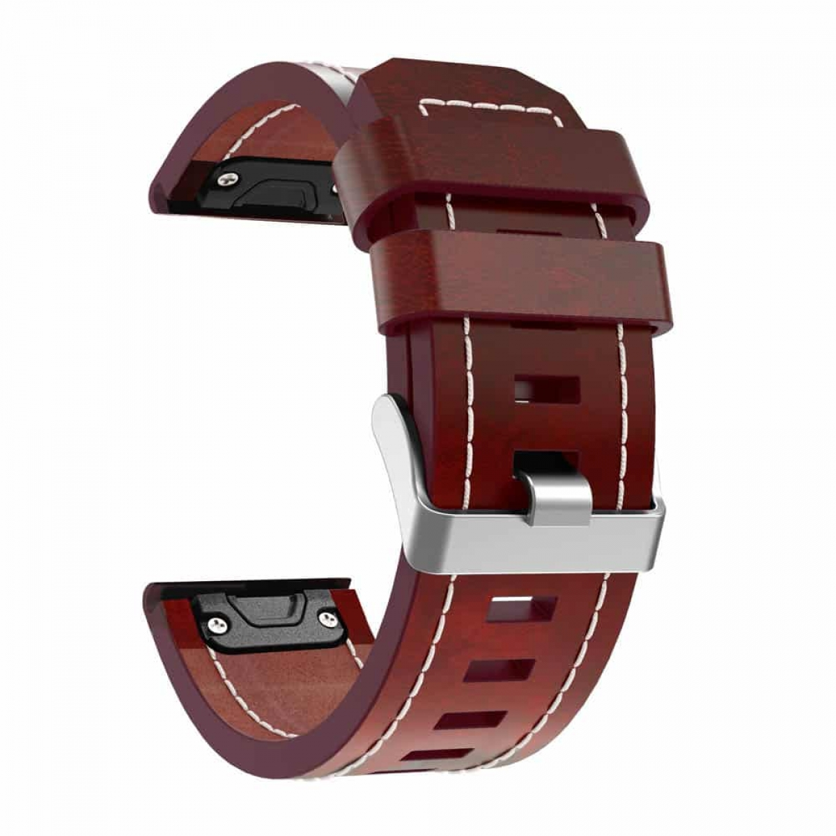 Braunes Lederarmband mit weißen Nähten und einer silbernen Schnalle.