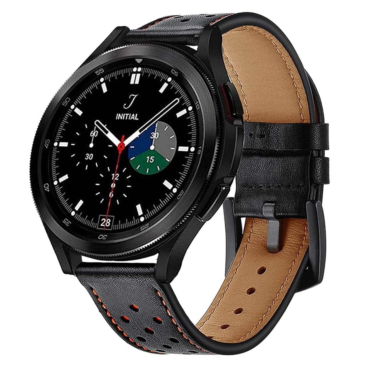 Schwarze Smartwatch mit schwarzer Lünette und schwarzem und braunem Lederarmband. Zahlen und Taste sichtbar.