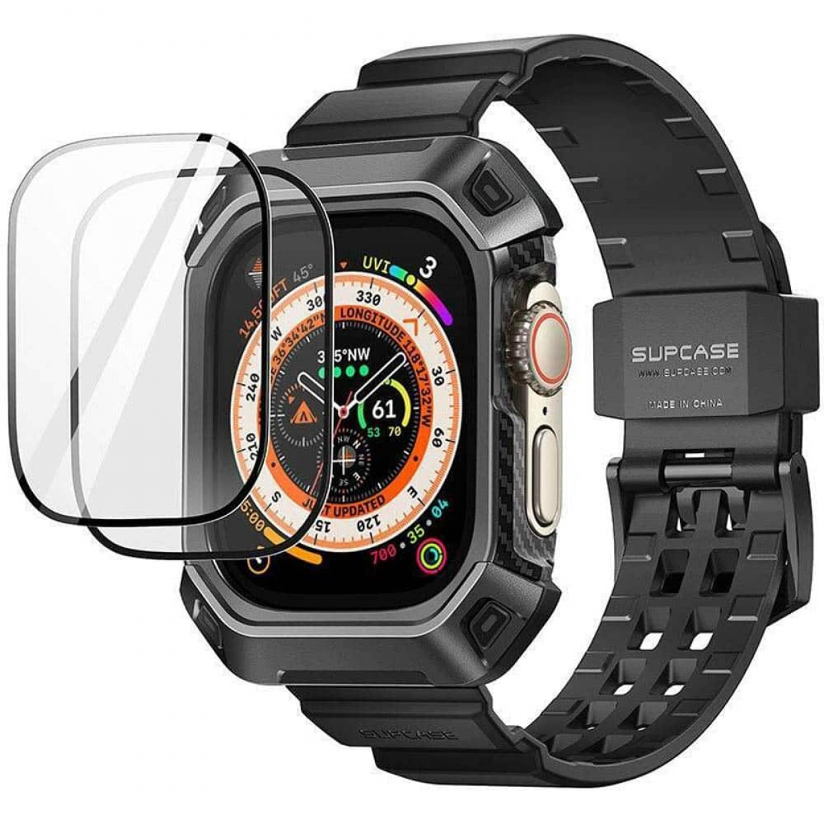 Schwarze Smartwatch mit Displayschutz und schwarzem Armband.