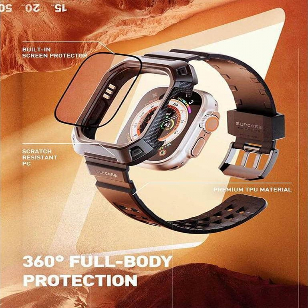 Uhrengehäuse mit Schutzfolie und Armband, Text sagt, 360° Ganzkörperschutz.