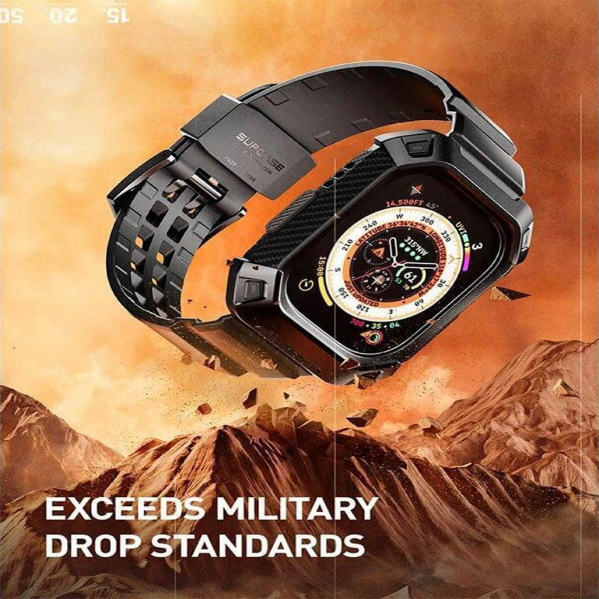 Schwarze Smartwatch mit schwarzem Armband. Text: "EXCEEDS MILITARY DROP STANDARDS" über einer Berglandschaft.