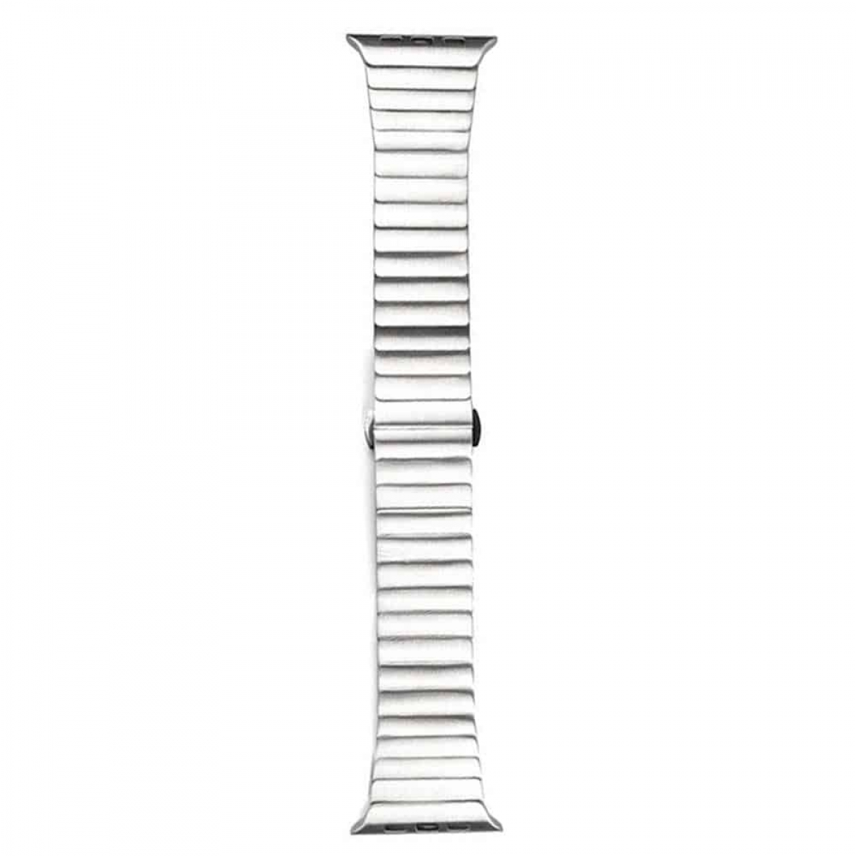 Silbernes Edelstahl-Uhrenarmband flach auf einer weißen Oberfläche liegend.
