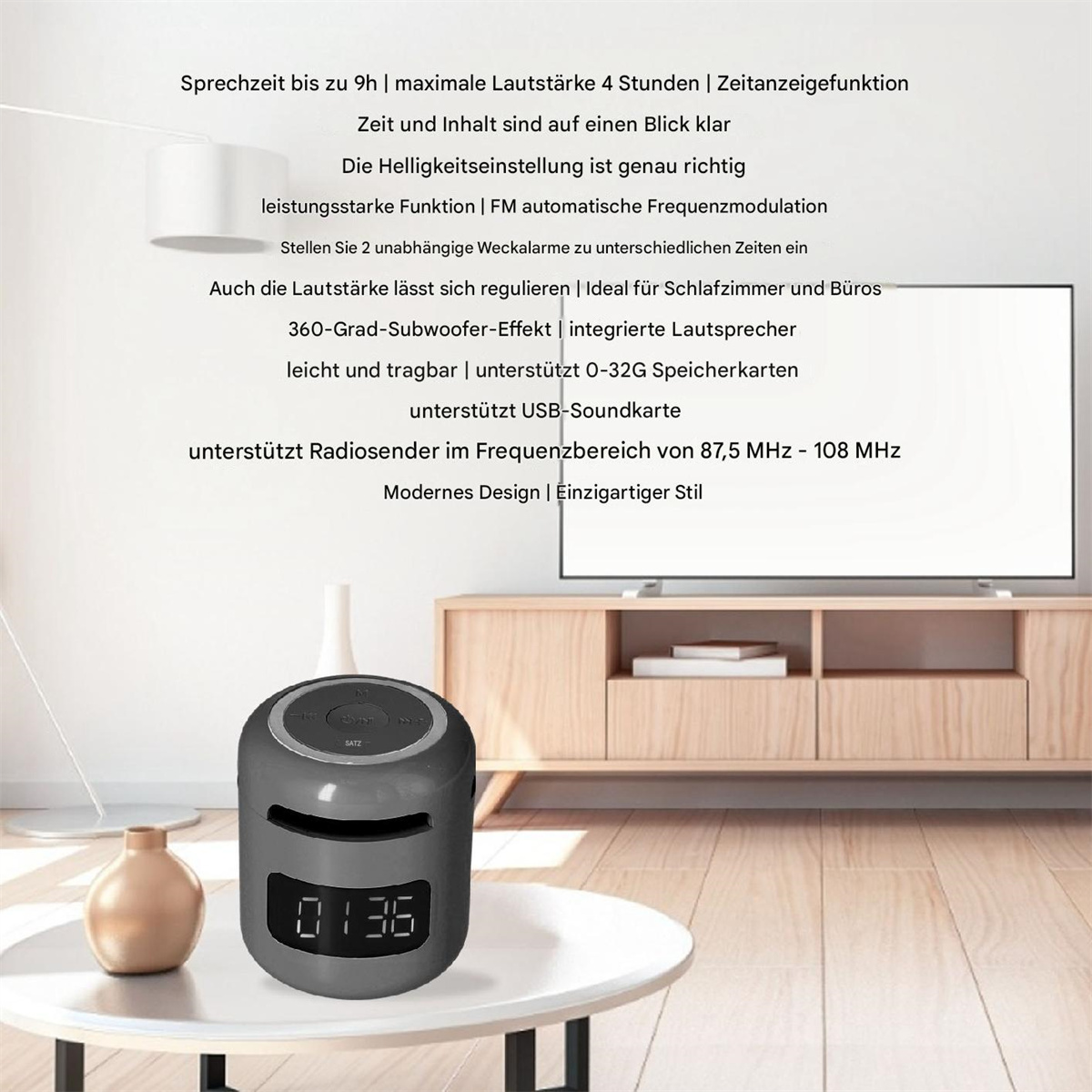 Schwarzer und grauer Lautsprecher mit digitaler Uhranzeige. Hintergrund ist ein Raum.