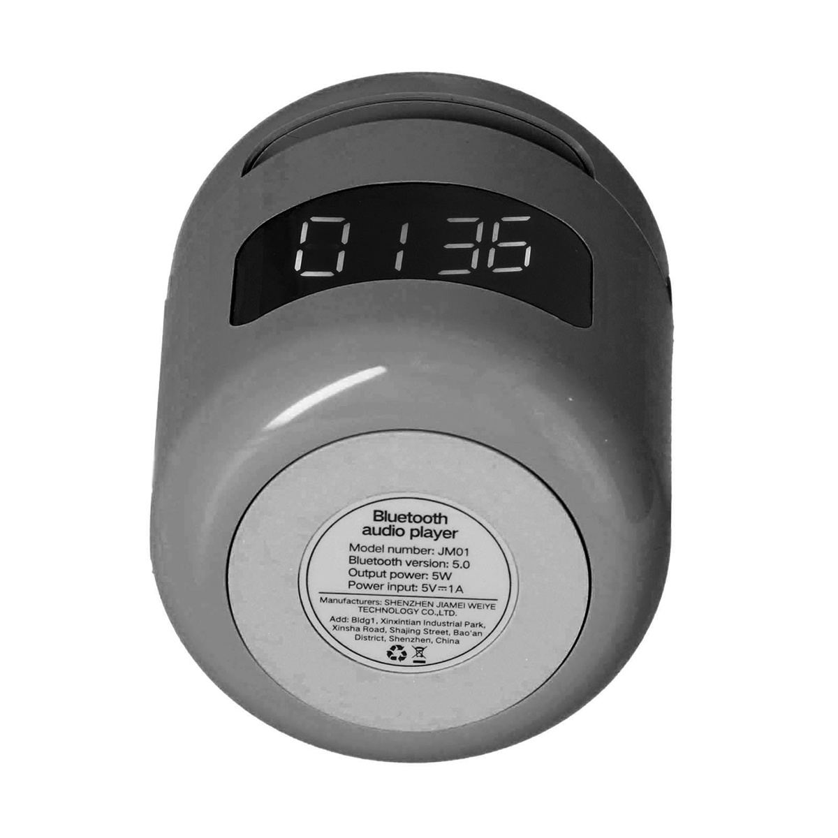 Ein grauer Audioplayer mit einer Digitaluhr, die 01:36 anzeigt. Der Text lautet Bluetooth-Audioplayer.
