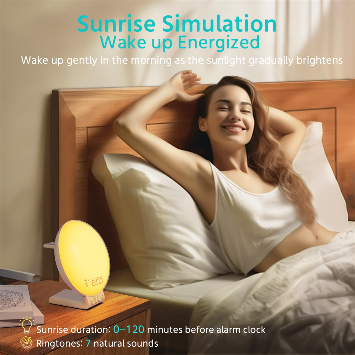 Frau im Bett mit einem Sonnenaufgangs-Simulationswecker auf dem Nachttisch.