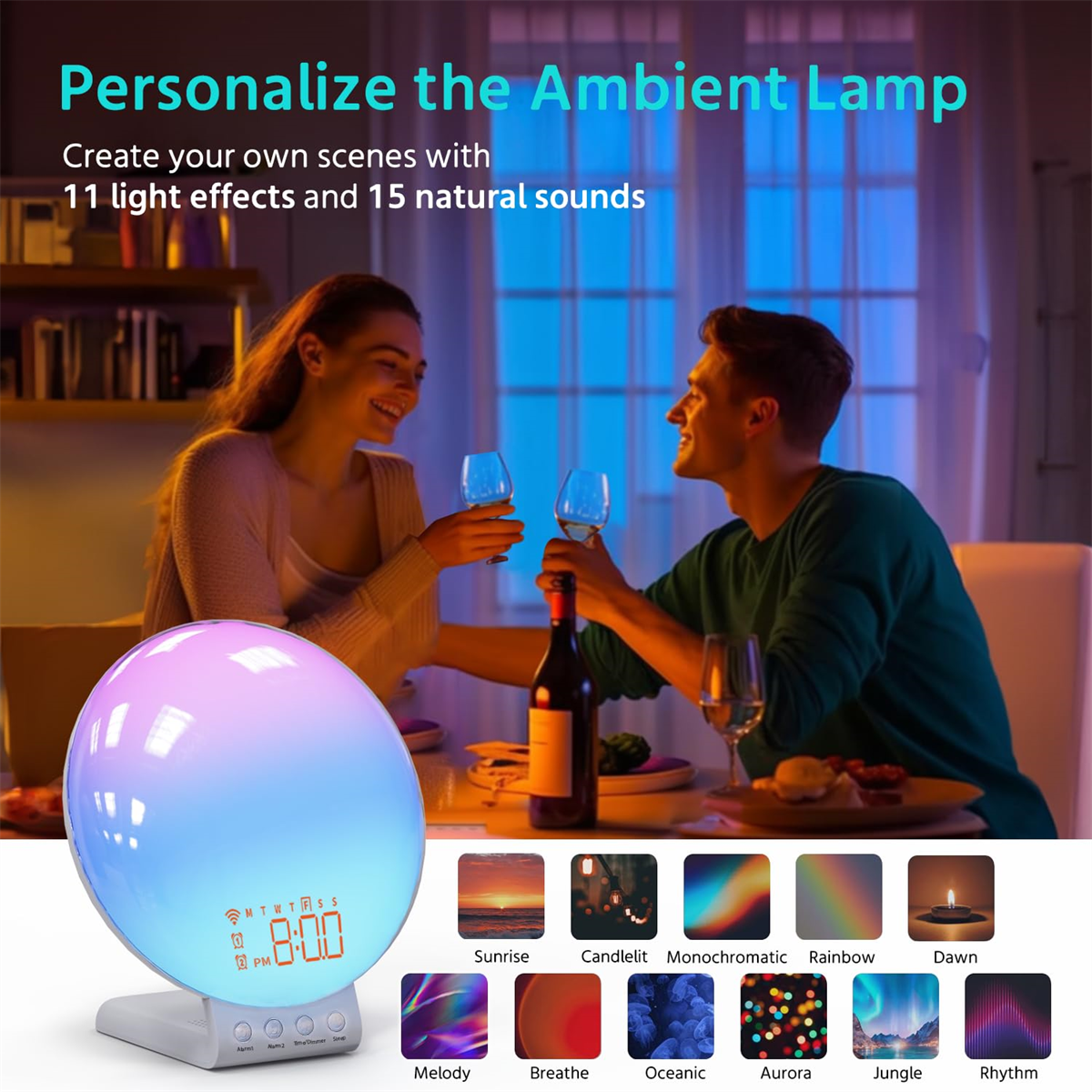 Ambiente-Lampe mit Paar, Lichteffekten und Naturgeräuschoptionen.