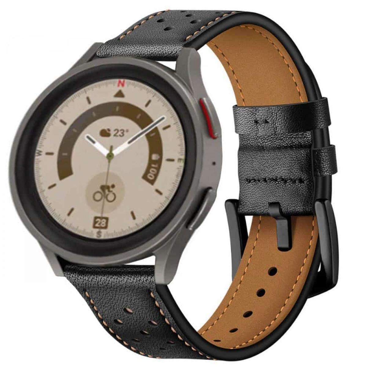 Eine runde Smartwatch mit schwarzem Armband und beigem Zifferblatt. Die Uhr hat eine schwarze Lünette und eine schwarze Schnalle.