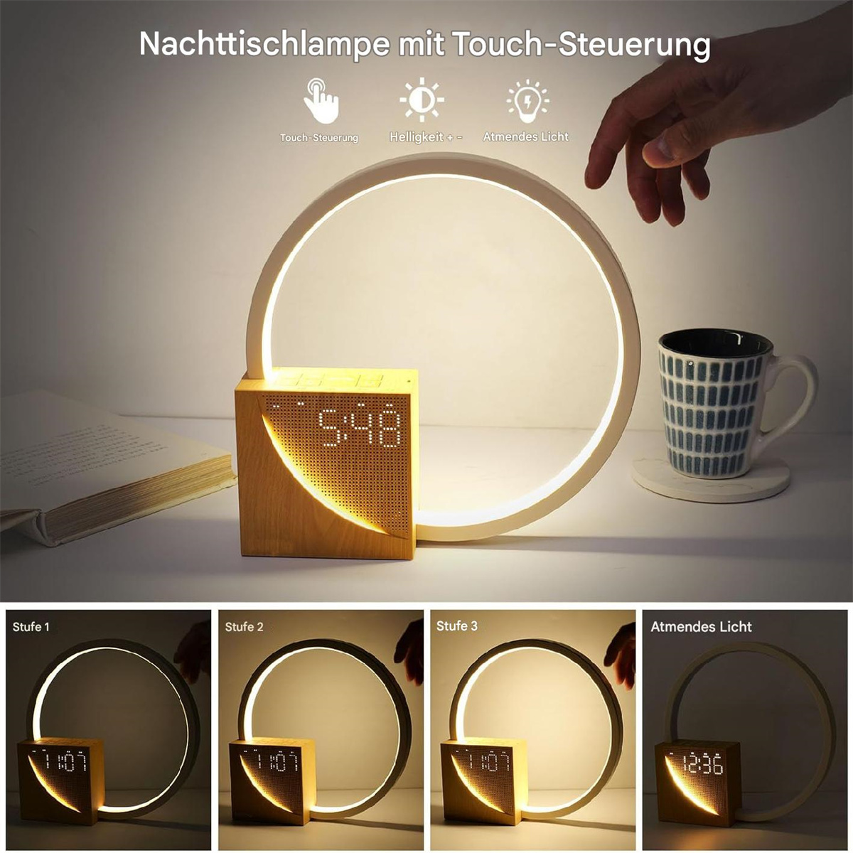 Moderner Wecker mit Ringlicht und Holzsockel, zeigt Zeit und Einstellungen.