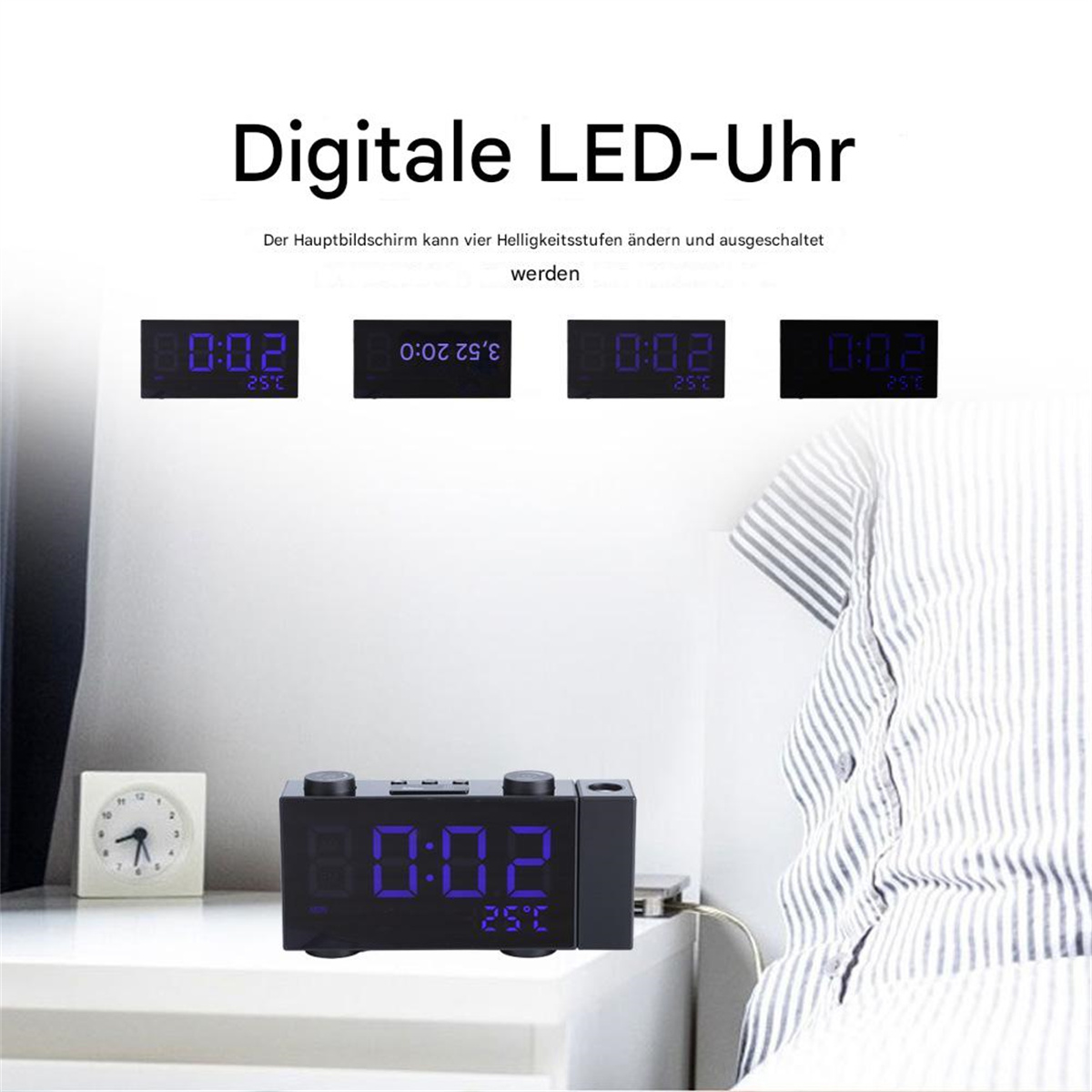 Digitale LED-Uhr mit Zeit- und Temperaturanzeige, auf weißem Tisch, mit Hintergrund.