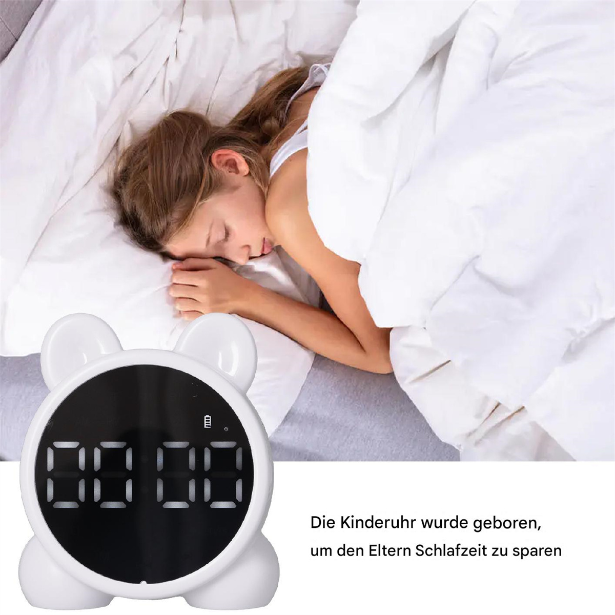 Mädchen schläft neben einem weißen Wecker. Die Uhr zeigt die Zeit an.