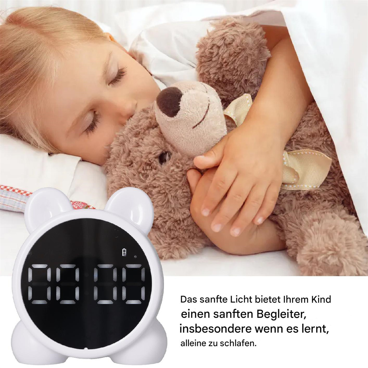 Ein Kind schläft mit einem Teddybären, eine weiße bärenförmige Uhr und Text auf Deutsch.