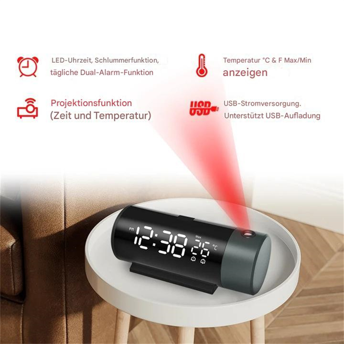 Schwarzer digitaler Wecker mit roter Projektion, zeigt Zeit und Temperatur an. Er liegt auf einer weißen Oberfläche.