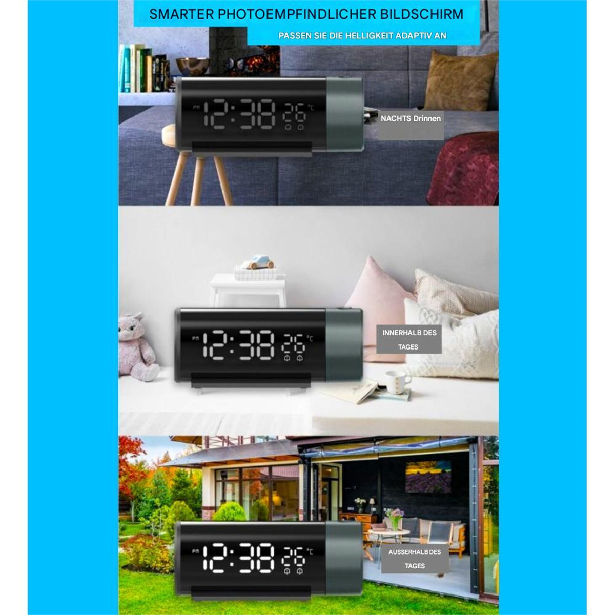 Eine Digitaluhr, die die Uhrzeit in drei verschiedenen Umgebungen anzeigt.