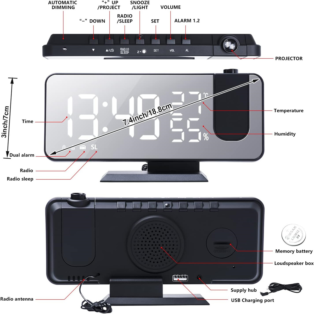 Digitaler Wecker mit Zeit, Temperatur und Luftfeuchtigkeit und mehreren Tasten.