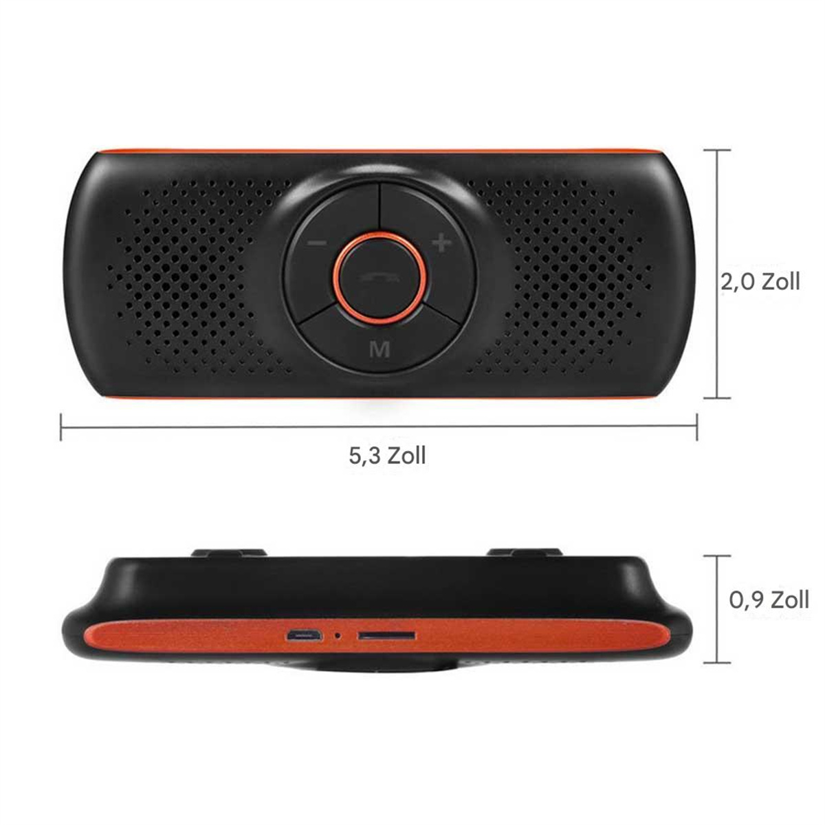 Ein schwarzes und oranges Autoradio. Es hat Knöpfe, einen Bildschirm und Abmessungen in Zoll.
