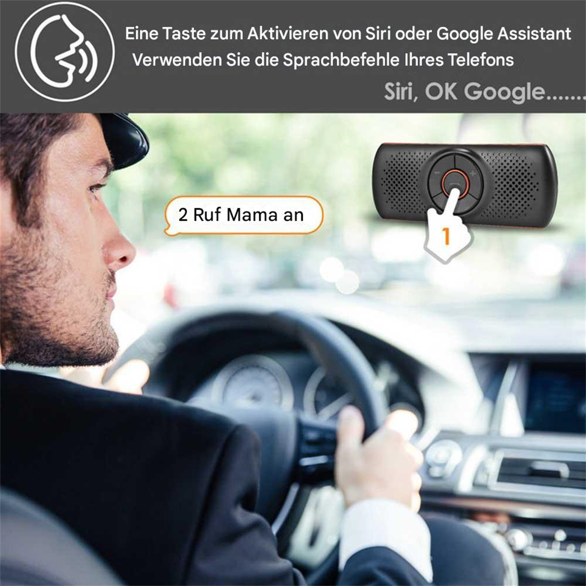 Ein Mann in einem Auto benutzt einen Sprachbefehl, um 'Mama' anzurufen. Eine Taste wird auf einem Gerät gezeigt.