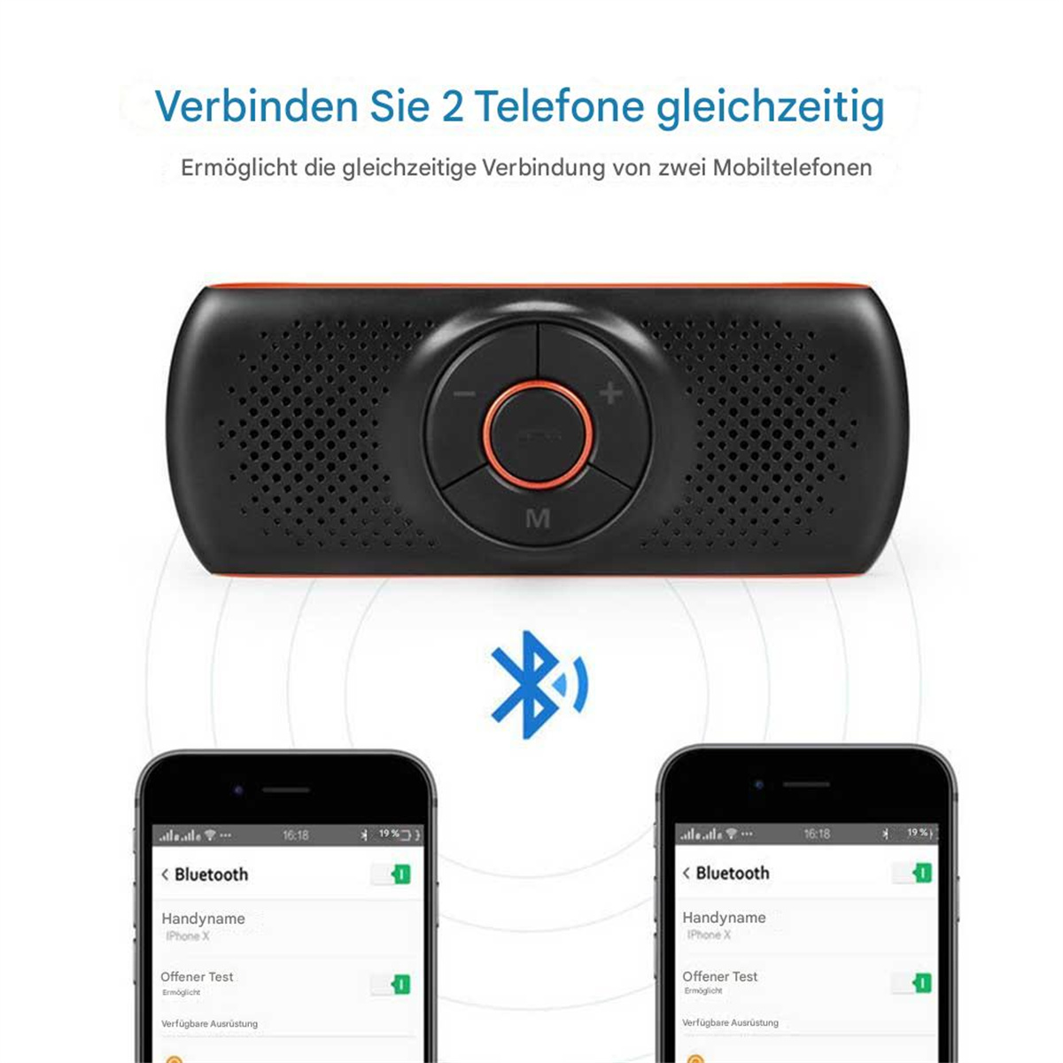 Ein schwarzes Gerät mit orangefarbenen Akzenten, zwei Handys und einem Bluetooth-Symbol. Gerät verbindet Telefone.