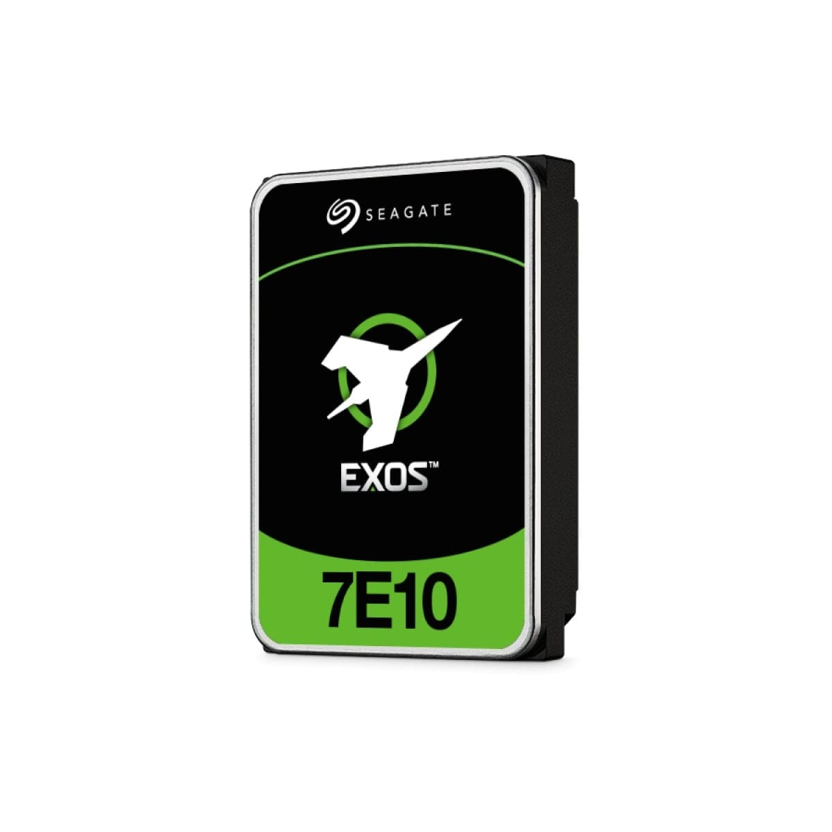 Disque dur Seagate EXOS 7E10. Schéma de couleurs noir et vert avec le logo Seagate.