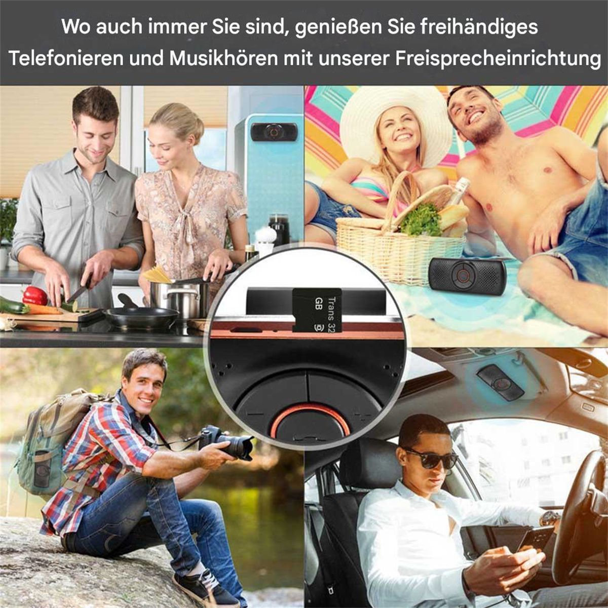 Collage von Szenen mit einem Lautsprecher. Menschen benutzen ihn in verschiedenen Szenarien, drinnen und draußen, und ein Produktfoto.
