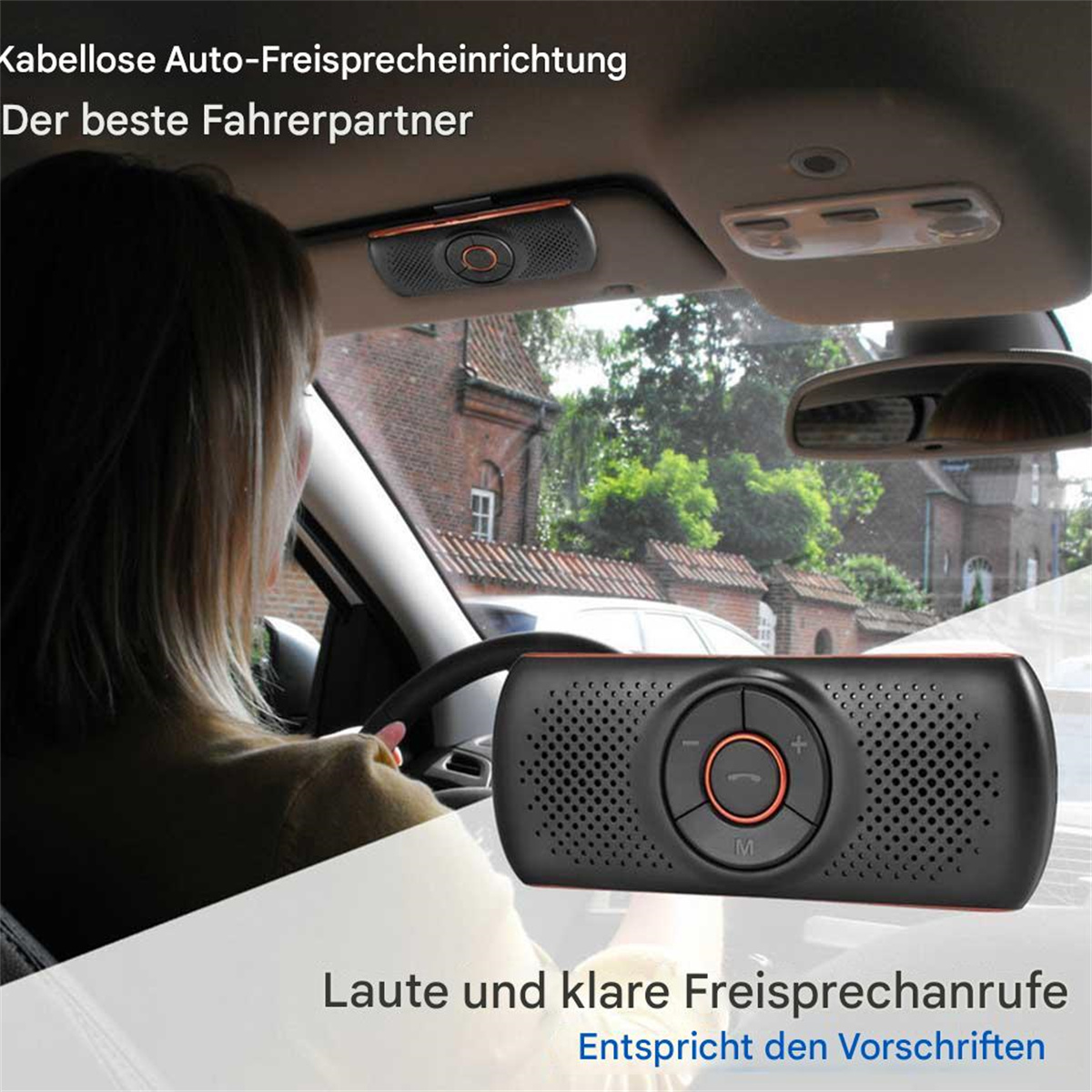 Ein Gerät an der Sonnenblende eines Autos mit deutschem Text und einer Frau im Hintergrund.