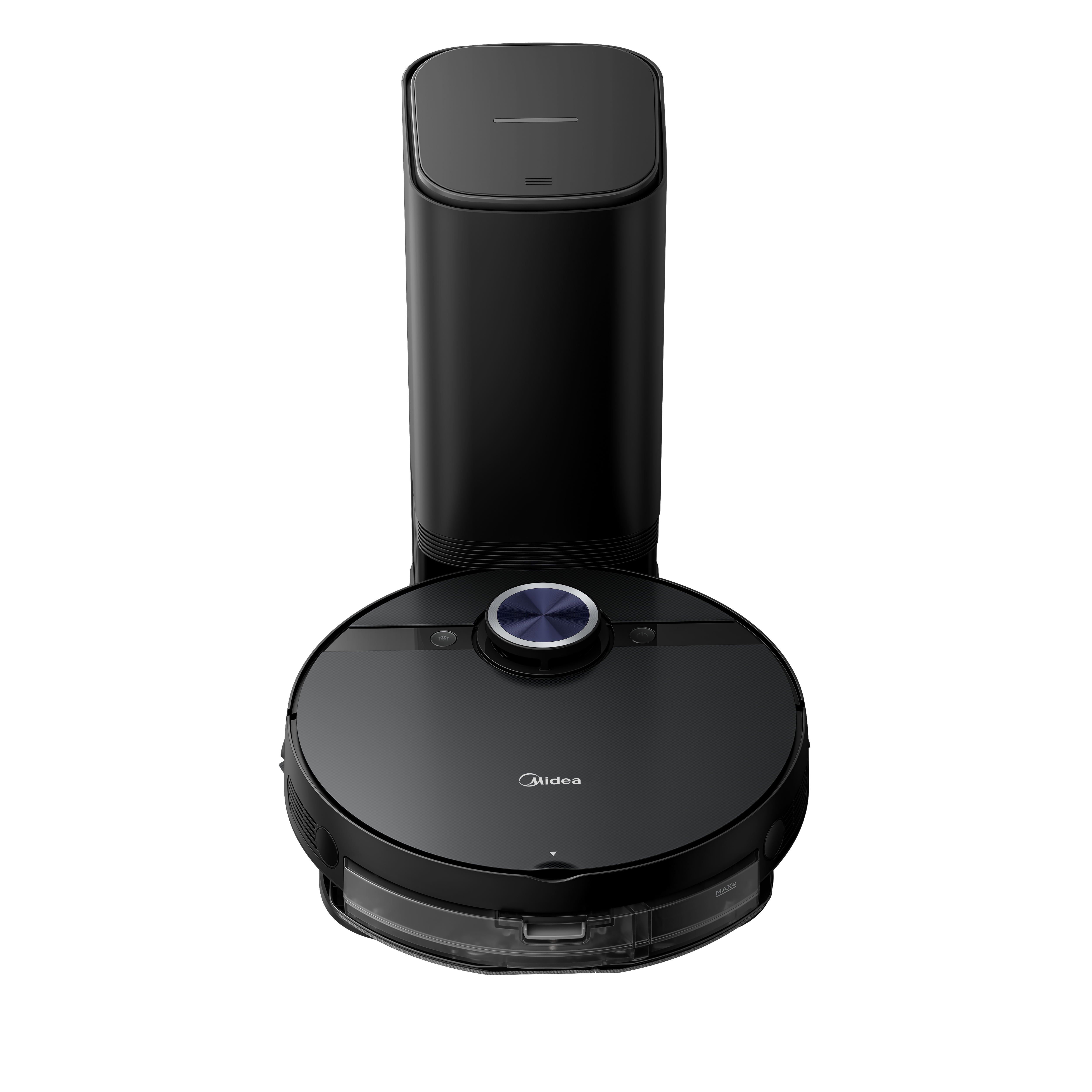 Un aspirateur robot noir avec une station de charge sur fond noir.