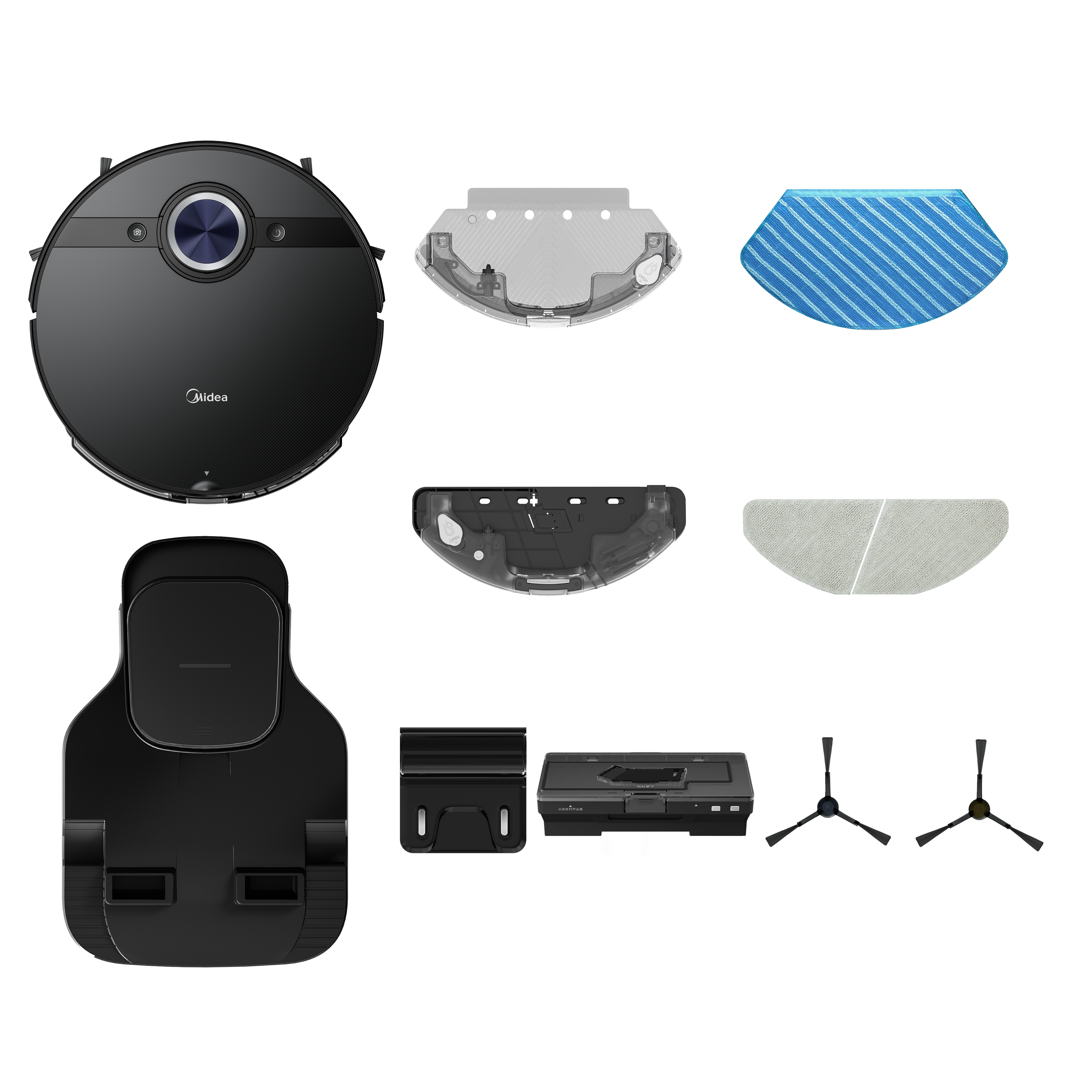 Un aspirateur robot Midea noir et ses accessoires. Comprend des tampons et des brosses de nettoyage.