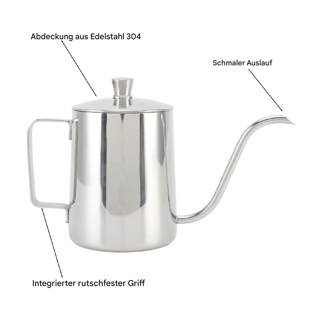 Silberfarbene Schwanenhals-Kanne mit Griff und Deckel.