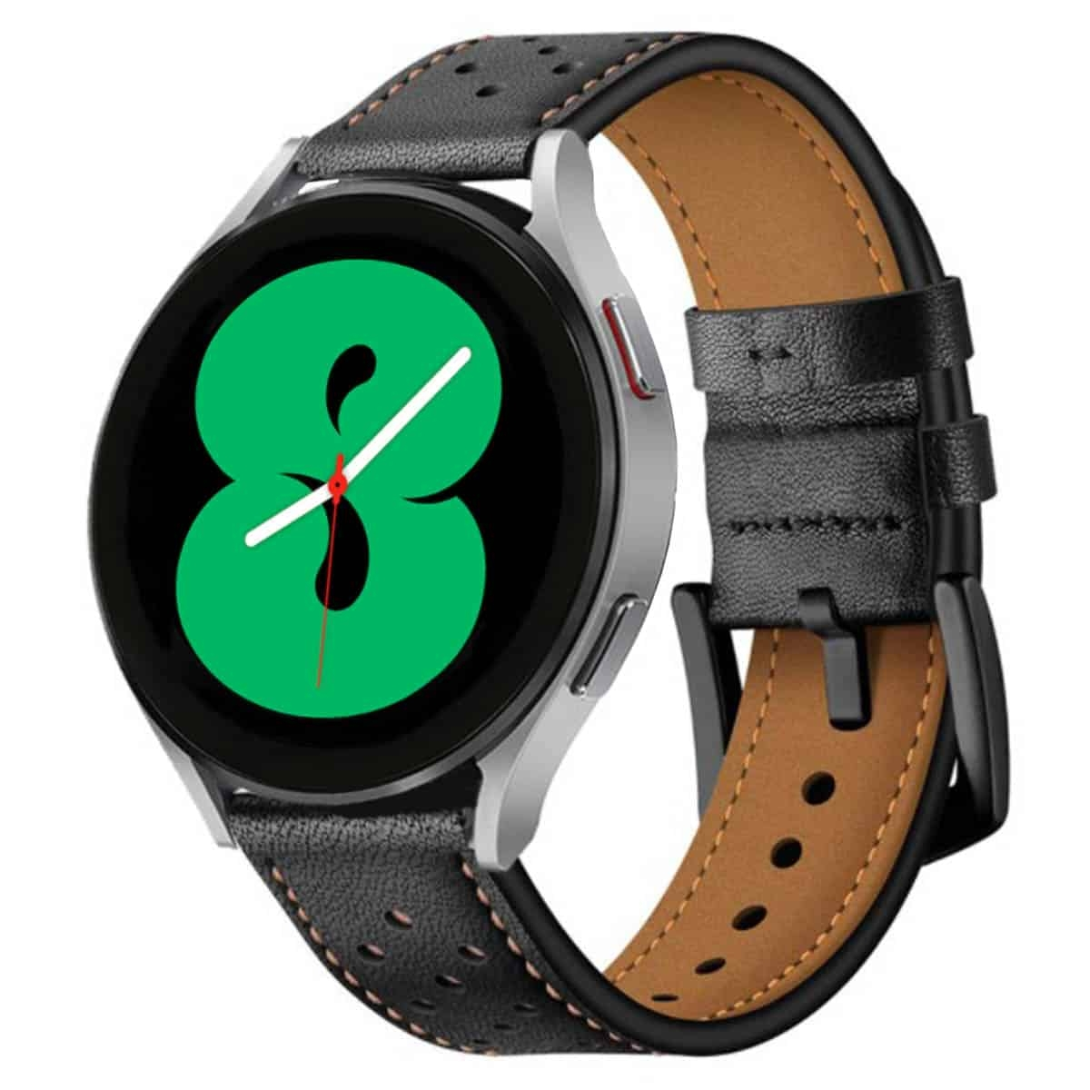 Smartwatch mit schwarzem und braunem Lederarmband.