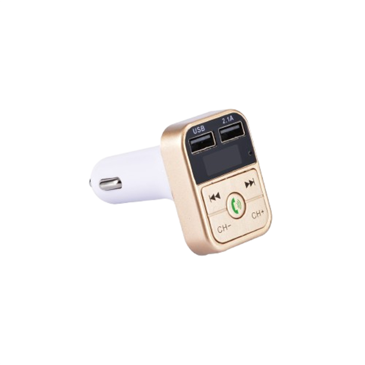 Ein USB-Autoladegerät mit zwei USB-Anschlüssen. Es ist gold und weiß. Es gibt Knöpfe und ein kleines Display.