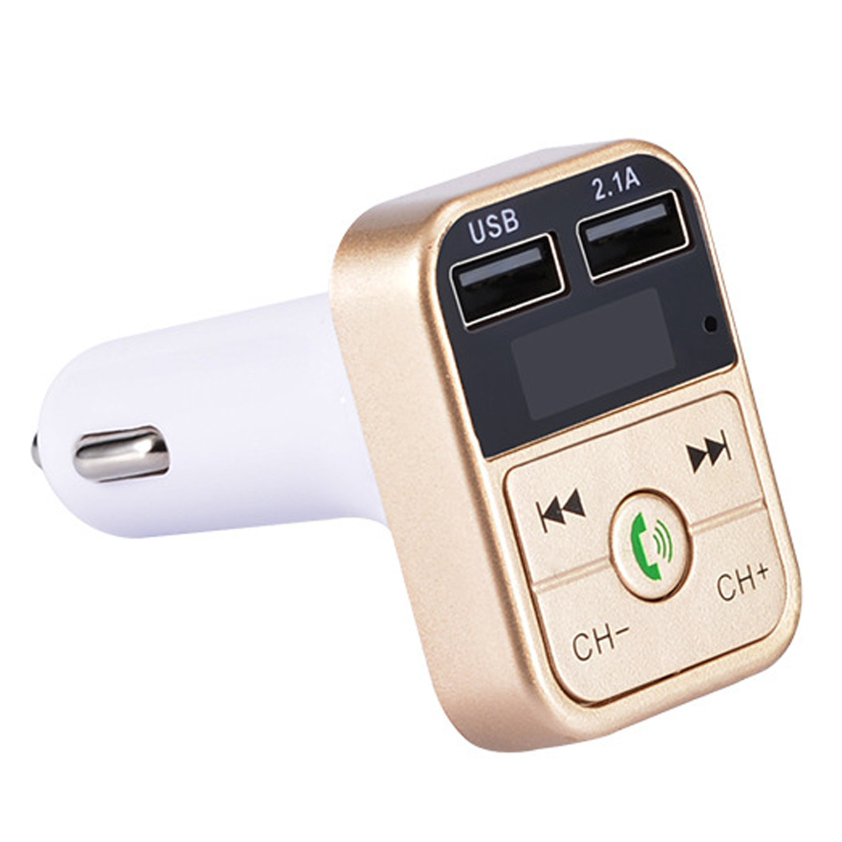Goldenes und weißes Autoladegerät mit USB-Anschlüssen und Steuertasten. Ein kleiner Bildschirm ist vorhanden.