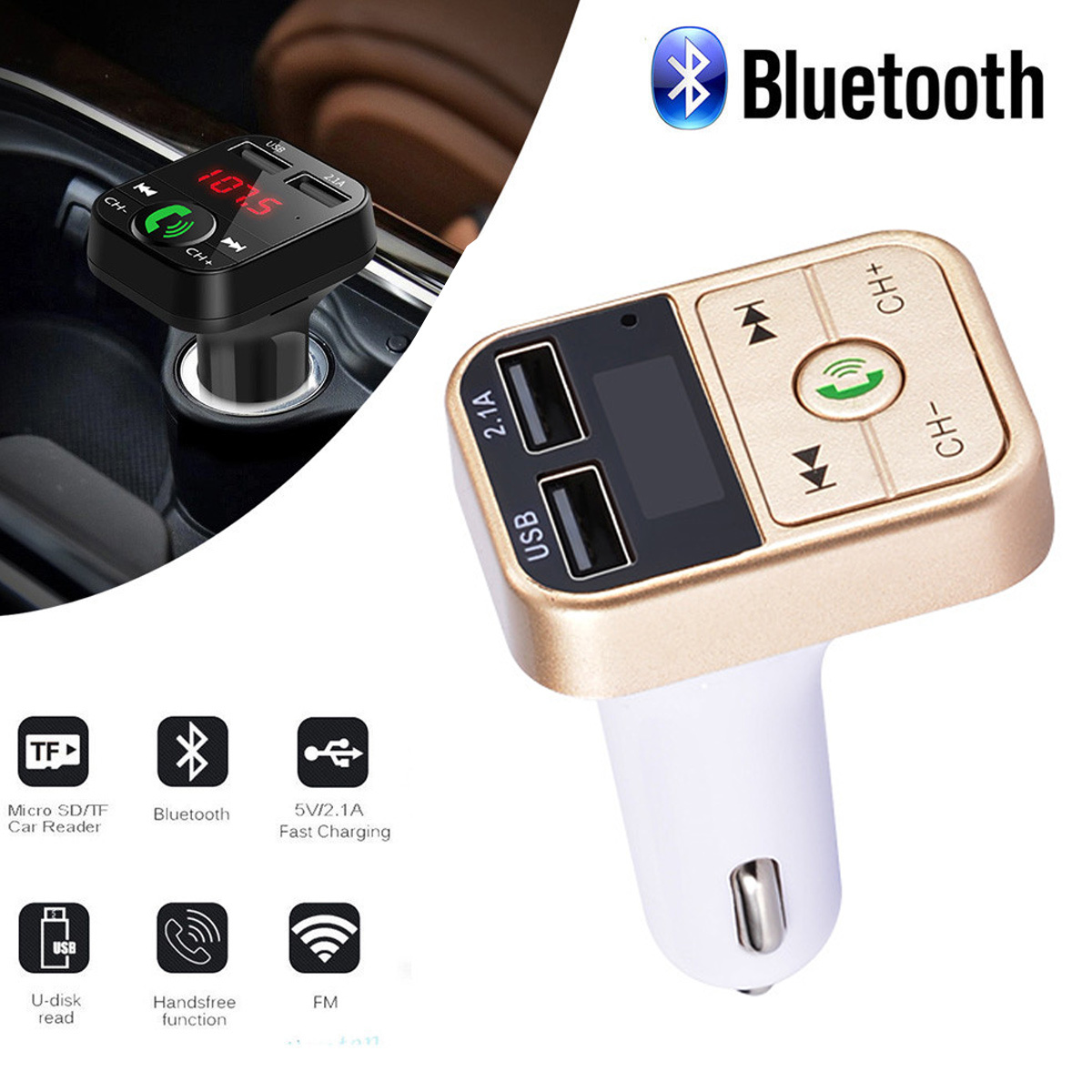 Autoladegerät mit USB-Anschlüssen und Bluetooth-Gerät, mit Funktionssymbolen.