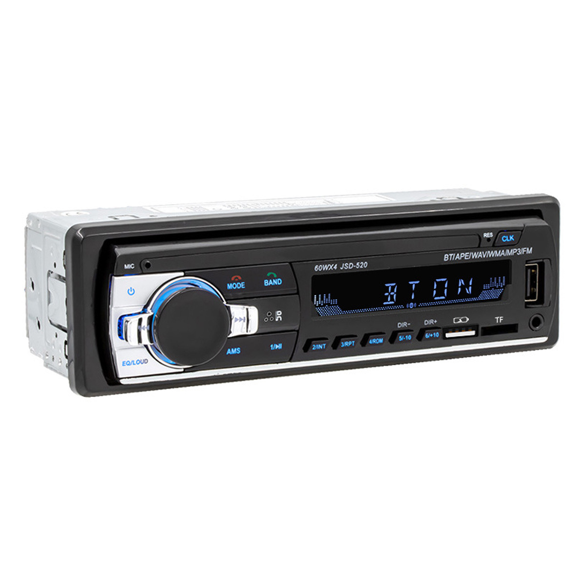 Ein Autoradio mit Knöpfen, einem Display mit Text und einem USB-Anschluss.