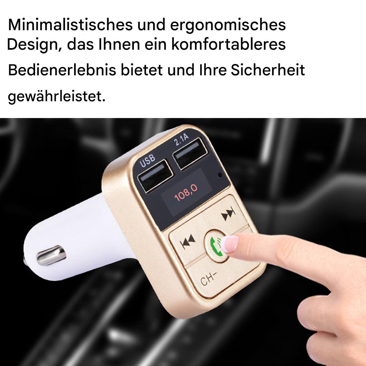 Goldener und schwarzer Auto-Audiosender mit gedrücktem Knopf. Schwarzer Hintergrund.