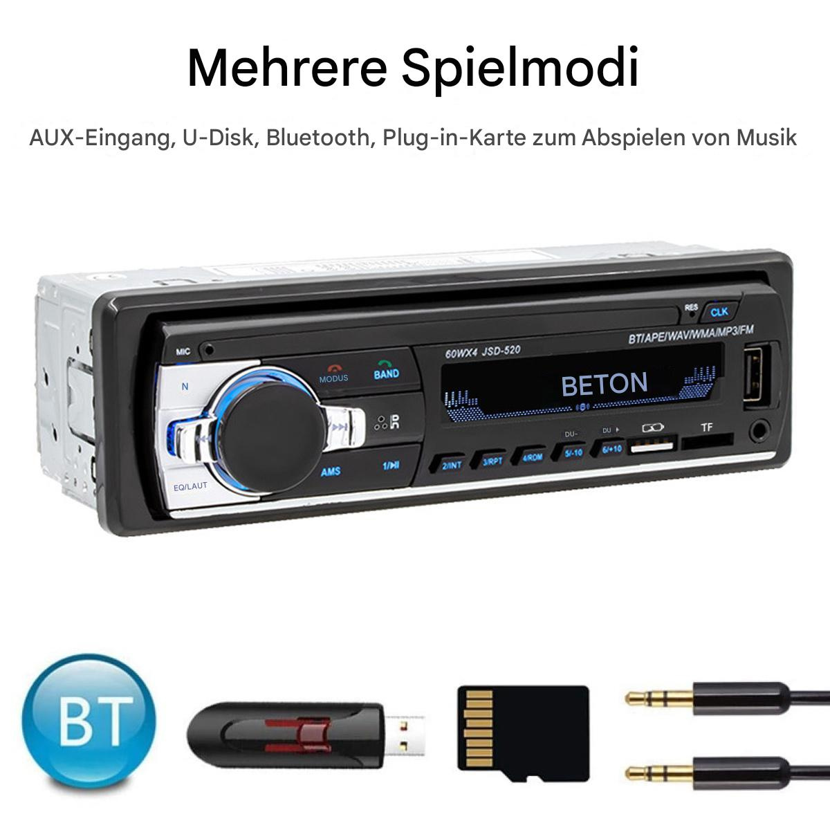 Ein Autoradio mit Knöpfen und einem Bildschirm. Unten sind Anschlüsse: Bluetooth, SD-Karte und AUX.