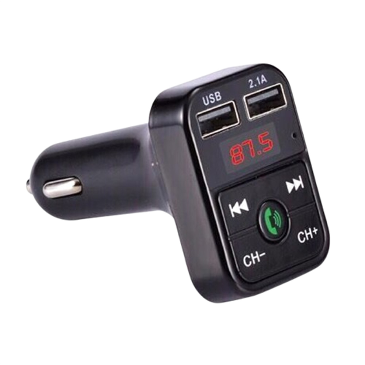 Ein schwarzes Autoladegerät mit USB-Anschlüssen und Tasten für die UKW-Funksteuerung.