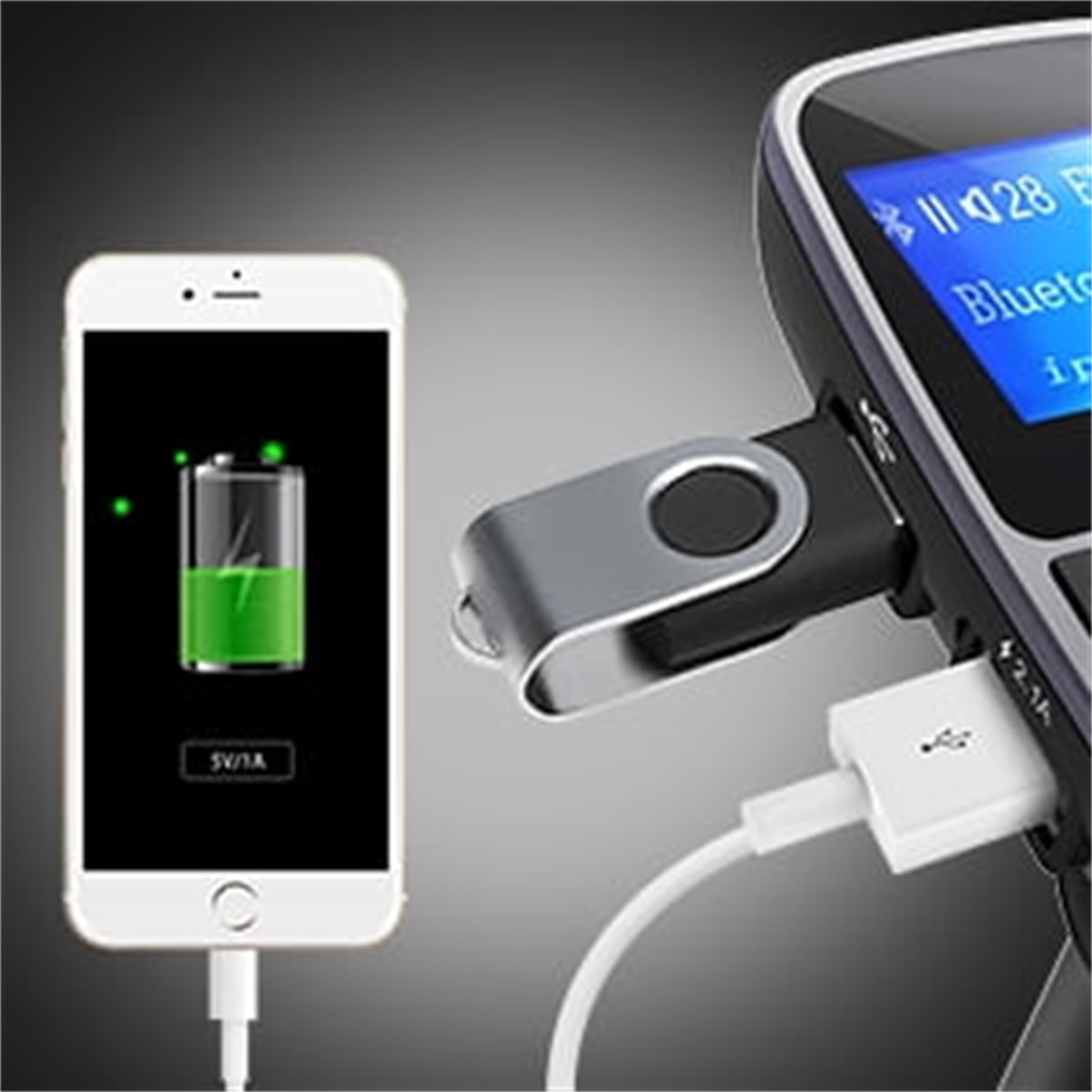 Weißes Telefon, das ein Smartphone auflädt. Ein USB-Laufwerk ist an ein Ladegerät angeschlossen, und eine Ladeanzeige leuchtet.
