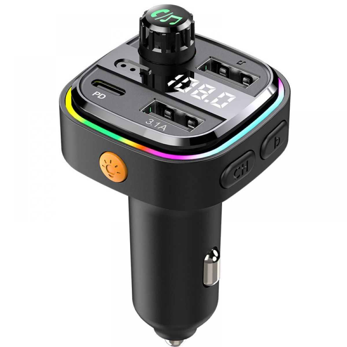 Schwarzes Autoladegerät mit mehreren USB-Anschlüssen und digitaler Spannungsanzeige.